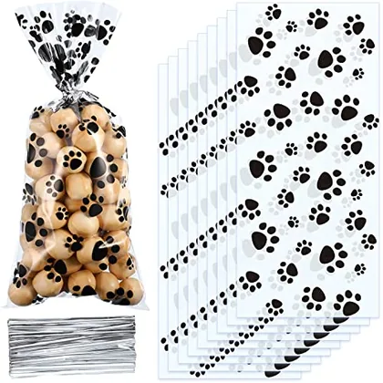 200 Piece Dog Treat Bags Pet Paw Cellophane Bags, Black