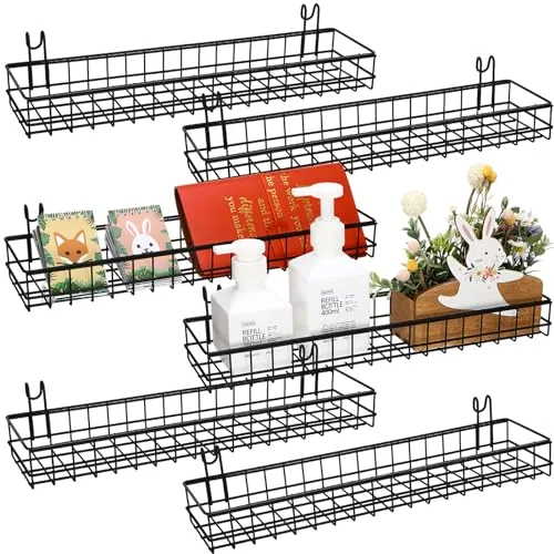 6 Piece 15.75 x 3.94 x 1.97 Inch Metal Grid Wall Baskets, Black