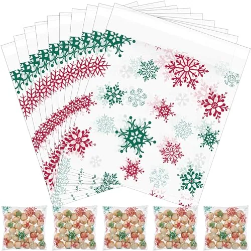 300 Piece Self-Adhesive Christmas Cookie Bags Snowflake Cellophane Self Adhesive, Red