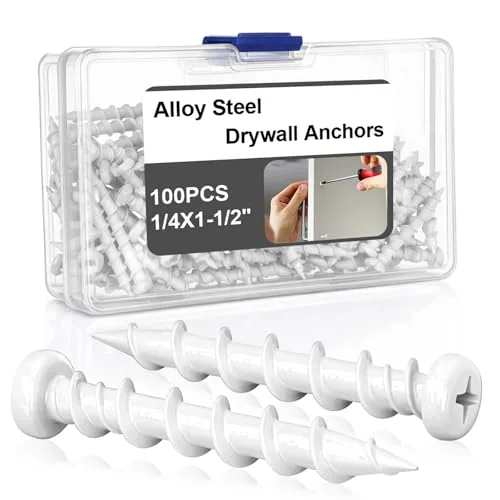 100 Piece Drywall Anchors 1/4 x 1-1/2 Inch Alloy Steel Light Wall, White