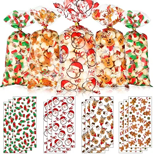120 Piece Christmas Cellophane Treat Bags, Multicolour